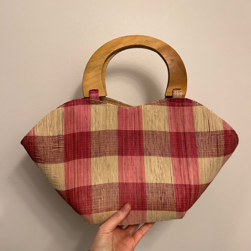 Vintage Plaid Woven Grasscloth Bag with Wooden Handles - Pink & Cream
